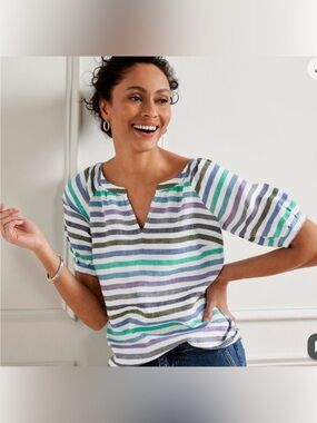 Talbots Linen Popover Rockport Striped Short-Sleeve V-Neck size M